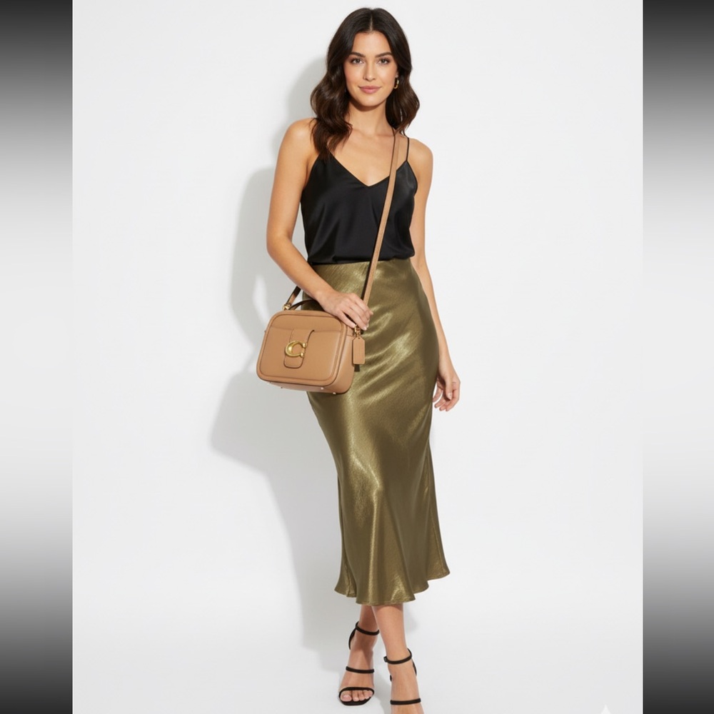 Anthropologie Elegant Iridescent Olive Green Women's Maxi Skirt